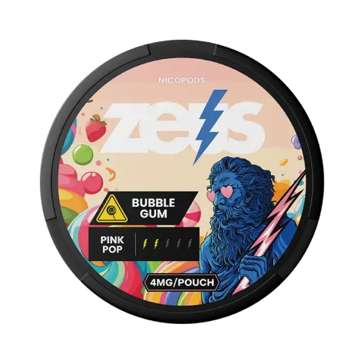 Zeus Bubblegum nicotine pouches, 4 mg per pouch — black can with pink bubblegum sweets artwork and the blue Zeus figure