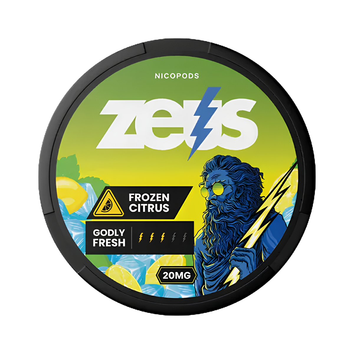 Zeus Frozen Citrus nicotine pouches, 10 mg per pouch — black can with lemon and ice artwork and the blue Zeus figure