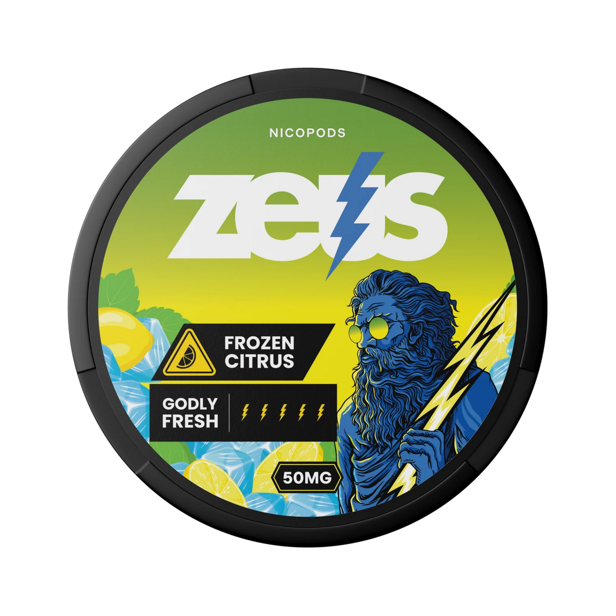 Zeus Frozen Citrus nicotine pouches, 25 mg per pouch — black can with lemon and ice artwork and the blue Zeus figure